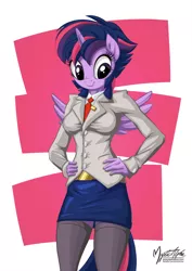 Size: 955x1351 | Tagged: alicorn, alternate hairstyle, anthro, artist:mysticalpha, clothes, cute, derpibooru import, female, punklight sparkle, safe, signature, skirt, skirt suit, smiling, solo, stockings, suit, thigh highs, twilight sparkle, twilight sparkle (alicorn)