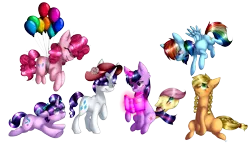 Size: 2477x1429 | Tagged: safe, artist:alithecat1989, derpibooru import, applejack, fluttershy, pinkie pie, rainbow dash, rarity, starlight glimmer, twilight sparkle, earth pony, pegasus, pony, unicorn, alternate hairstyle, balloon, blushing, book, braid, cute, ear fluff, eyes closed, floating, floppy ears, flying, glowing horn, hat, levitation, looking up, magic, mane six, pigtails, raised hoof, simple background, smiling, telekinesis, then watch her balloons lift her up to the sky, tongue out, transparent background, underhoof, wingless, younger