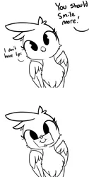 Size: 1280x2548 | Tagged: safe, artist:tjpones, derpibooru import, oc, oc:some probably single female griffon, unofficial characters only, gryphon, black and white, cheek fluff, chest fluff, comic, cute, dialogue, female, grayscale, griffon oc, monochrome, note, offscreen character, simple background, smiling, solo, tape, white background, wing fluff