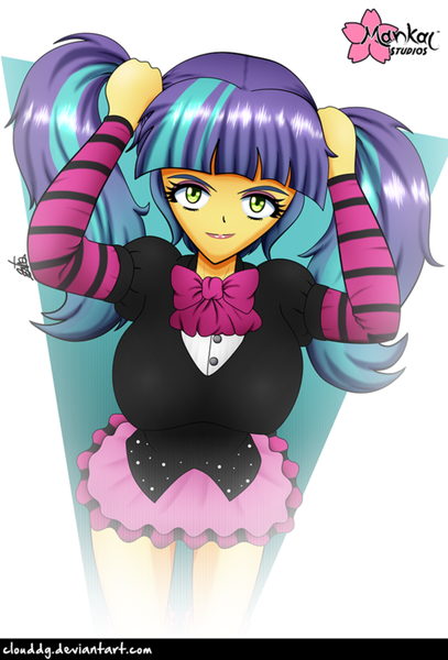 Size: 678x1000 | Tagged: suggestive, artist:clouddg, derpibooru import, pixel pizazz, equestria girls, big breasts, breasts, clothes, female, looking at you, pigtails, simple background, smiling, solo, solo female