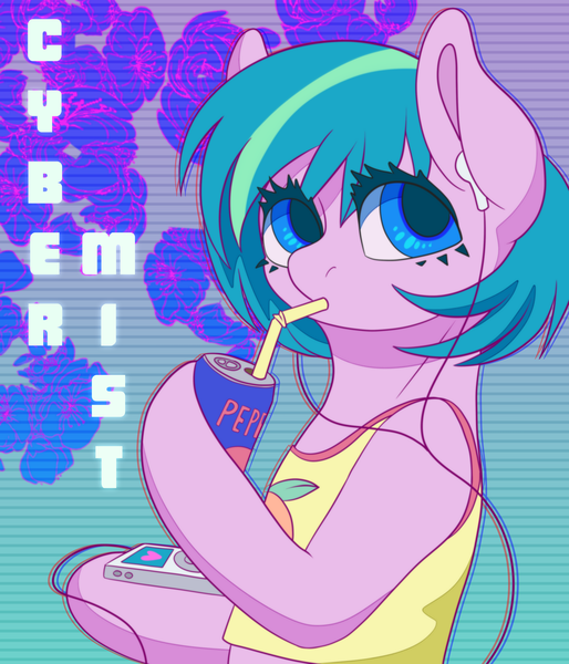 Size: 3600x4200 | Tagged: safe, artist:fawness, derpibooru import, oc, oc:cyber mist, unofficial characters only, earth pony, pony, absurd resolution, aesthetics, clothes, cute, drink, drinking, earbuds, ipod, mp3 player, soda, solo, tanktop, vaporwave