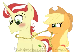 Size: 1024x709 | Tagged: safe, artist:ipandacakes, derpibooru import, applejack, flim, female, flimjack, lasso, male, mouth hold, rope, shipping, simple background, straight, transparent background