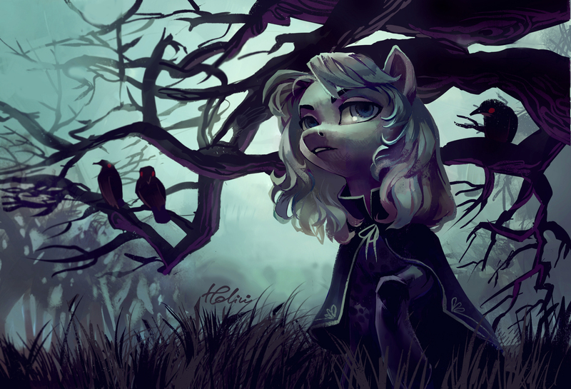 Size: 3459x2357 | Tagged: safe, artist:holivi, derpibooru import, oc, unofficial characters only, bird, crow, earth pony, pony, cloak, clothes, dark, female, fog, forest, frown, glowing eyes, glowing eyes of doom, grass, high res, lidded eyes, looking up, mare, ominous, raised hoof, sinister, solo, tree