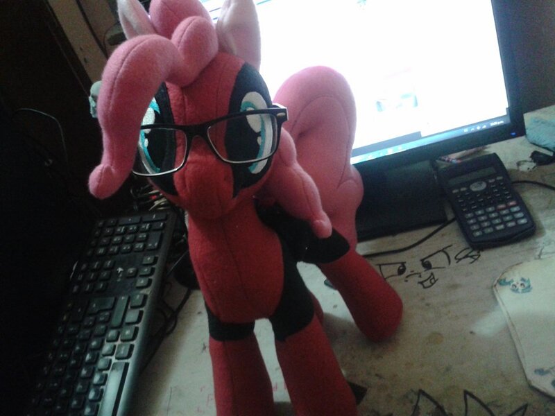 Size: 960x720 | Tagged: artist:tonystorm12, calculator, computer, deadpool, derpibooru import, glasses, irl, keyboard, photo, pinkie pie, pinkiepool, plushie, safe, solo