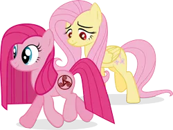 Size: 6653x5011 | Tagged: absurd resolution, alternate cutie mark, alternate eye color, artist:j5a4, cutie mark, derpibooru import, duo, fanfic:the rose of life, fluttershy, oc, oc:abigail, pinkamena diane pie, pinkie pie, red eyes, sad, safe, simple background, smiling, transparent background, triskelion, vector, walking