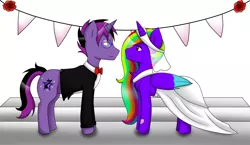 Size: 5000x2904 | Tagged: safe, artist:fusselx3, derpibooru import, oc, oc:amellia rose, oc:midnight coda, unofficial characters only, alicorn, pony, unicorn, absurd resolution, alicorn oc, clothes, dress, flower, glasses, marriage, request, requested art, rose, smiling, tuxedo, wedding, wedding dress, wedding veil