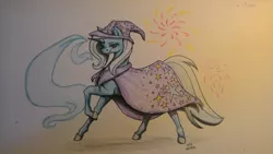 Size: 1024x576 | Tagged: safe, artist:oneiria-fylakas, derpibooru import, trixie, pony, unicorn, cape, clothes, hat, lidded eyes, looking at you, raised hoof, smiling, solo, traditional art, trixie's cape, trixie's hat