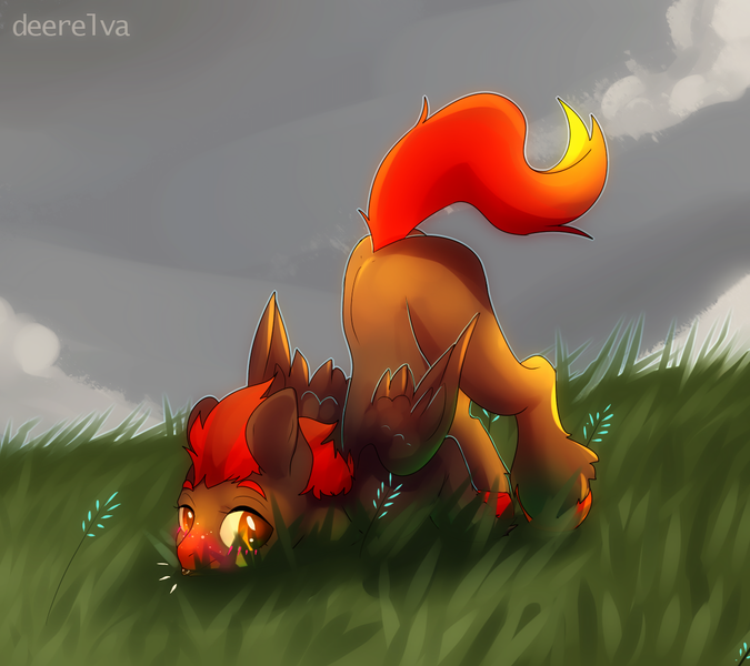 Size: 1253x1114 | Tagged: safe, artist:elvche, derpibooru import, oc, unofficial characters only, pegasus, pony, face down ass up, grass, raspberry, solo, tongue out