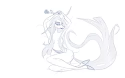 Size: 1280x800 | Tagged: anthro, artist:briarspark, changeling, changeling queen, derpibooru import, female, flower, godiva hair, grayscale, horn, monochrome, queen chrysalis, rose, sexy, simple background, smiling, solo, solo female, strategically covered, stupid sexy chrysalis, suggestive, unguligrade anthro, wings