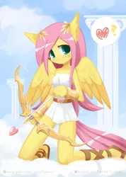 Size: 1075x1512 | Tagged: angel, anthro, arrow, artist:howxu, bow and arrow, bow (weapon), clothes, cloud, column, cupid, cute, derpibooru import, female, fluttershy, fluttershy the angel, greek mythology, heart, kneeling, pegasus, plantigrade anthro, safe, sandals, shyabetes, smiling, solo, weapon