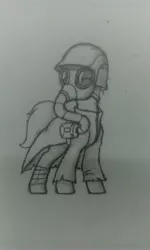 Size: 2496x4160 | Tagged: safe, artist:soulfulmirror, derpibooru import, pony, absurd resolution, clothes, coat, gas mask, head turn, helmet, mask, monochrome, pencil drawing, post-apocalyptic, s.t.a.l.k.e.r., solo, traditional art