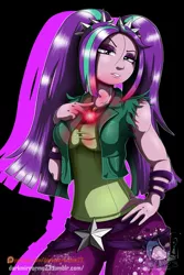 Size: 1280x1920 | Tagged: safe, artist:darkmirroremo23, derpibooru import, aria blaze, equestria girls, rainbow rocks, black background, clothes, eyeshadow, jewelry, lidded eyes, looking at you, makeup, pendant, simple background, smiling, solo