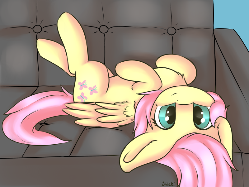 Size: 4000x3000 | Tagged: safe, artist:dbleki, derpibooru import, fluttershy, pegasus, pony, behaving like a cat, behaving like a dog, chest fluff, couch, cute, ear fluff, fluffy, fluffyball, happy, looking at you, lying, on back, shyabetes, smiling, solo, wing fluff