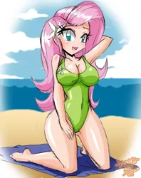 Size: 1772x2239 | Tagged: adorasexy, arm behind head, armpits, artist:danmakuman, barefoot, beach, breasts, busty fluttershy, butterfly, cleavage, clothes, cute, derpibooru import, feet, female, fluttershy, green swimsuit, human, humanized, kneeling, looking at you, one-piece swimsuit, open mouth, sexy, smiling, solo, solo female, suggestive, swimsuit, towel, underass