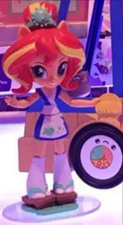 Size: 338x617 | Tagged: safe, derpibooru import, sunset shimmer, equestria girls, clothes, cute, doll, equestria girls minis, female, food, geta, hairpin, happi, looking at you, one eye closed, onigiri, serving tray, shimmerbetes, smiling, socks, solo, standing, sunset sushi, sushi, toy, wink