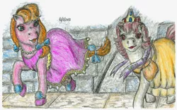 Size: 942x587 | Tagged: artist:elfman83ml, bow, clothes, crown, derpibooru import, dress, escape from catrina, g1, jewelry, regalia, safe, tail bow, traditional art