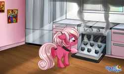 Size: 2545x1529 | Tagged: safe, artist:xwhitedreamsx, derpibooru import, oc, unofficial characters only, earth pony, pony, accident, burnt, choker, commission, crepuscular rays, crying, cupcake, cute, filly, floppy ears, food, kitchen, oven mitts, sad, smoke, solo, sunlight, teary eyes