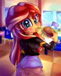 Size: 1606x2000 | Tagged: safe, artist:discorded, derpibooru import, sunset shimmer, equestria girls, ass, blushing, bunset shimmer, burger, cafeteria, canterlot high, clothes, cute, eating, female, food, hay, hay burger, herbivore, homesick shimmer, humans doing horse things, jacket, looking at you, looking back, looking back at you, restaurant, shimmerbetes, skirt, solo, sunset wants her old digestive system back