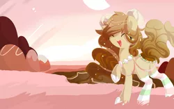 Size: 2672x1680 | Tagged: artist:xsidera, clothes, derpibooru import, eyes closed, female, mare, oc, oc:mint cocoa, original species, pond pony, raised hoof, safe, smiling, socks, solo, striped socks, unofficial characters only