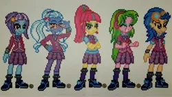 Size: 5149x2897 | Tagged: safe, artist:jrfromdallas, derpibooru import, indigo zap, lemon zest, sour sweet, sugarcoat, sunny flare, equestria girls, absurd resolution, bead sprite, clothes, crystal prep academy uniform, crystal prep shadowbolts, irl, looking at you, photo, pixel art, school uniform, shadow five, sprite