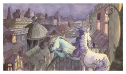 Size: 3150x1850 | Tagged: artist:lady-limule, balcony, city, derpibooru import, duo, night, oc, oc:heavenly aster, oc:raven dusk, safe, scenery, traditional art, unofficial characters only