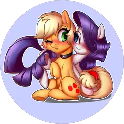 Size: 2500x2500 | Tagged: safe, artist:captainpudgemuffin, artist:jumblehorse, derpibooru import, applejack, rarity, alternate hairstyle, blushing, collaboration, collar, female, lesbian, one eye closed, pixie cut, rarijack, shipping, short hair, sitting, tail seduce