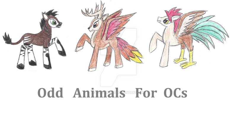 Size: 1024x496 | Tagged: artist:caffeine325, cloven hooves, deer, derpibooru import, female, hippalectryon, oc, oc:ebony, oc:phiara, oc:scribbles, okapi, original species, peryton, raised hoof, safe, simple background, traditional art, unofficial characters only, watermark, white background