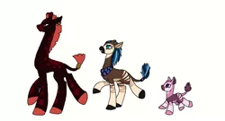 Size: 1080x585 | Tagged: artist:angrykarin666, colored hooves, derpibooru import, family, giraffe, hybrid, interspecies offspring, oc, oc:jungle blossom, oc:pitaya, oc:stop sign, offspring, okapi, safe, simple background, tail ring, trio, unofficial characters only