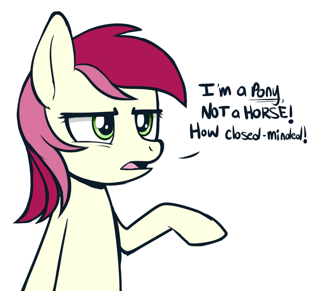 Size: 1153x1070 | Tagged: safe, artist:higgly-chan, derpibooru import, roseluck, earth pony, horse, pony, denial, dialogue, female, frown, mare, open mouth, raised hoof, simple background, solo, white background