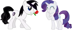 Size: 3972x1669 | Tagged: safe, artist:barrfind, derpibooru import, rarity, oc, oc:barrfind, pony, unicorn, canon x oc, date, female, flower, giggling, male, rarifind, rose, shipping, simple background, straight, transparent background, vector