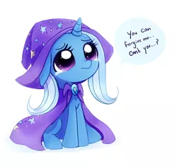 Size: 745x700 | Tagged: safe, artist:rainiitan, derpibooru import, trixie, pony, unicorn, cape, clothes, crying, cute, diatrixes, female, filly, floppy ears, frown, hat, looking up, puppy dog eyes, sad, simple background, sitting, solo, speech bubble, teary eyes, trixie's cape, trixie's hat, weapons-grade cute, white background
