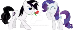 Size: 1024x430 | Tagged: safe, artist:barrfind, derpibooru import, rarity, oc, oc:barrfind, pony, unicorn, canon x oc, date, female, flower, giggling, male, rarifind, rose, shipping, simple background, straight, transparent background, vector, watermark