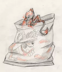 Size: 665x768 | Tagged: safe, artist:thekuto, derpibooru import, oc, oc:der, unofficial characters only, gryphon, cheetos, food, micro, solo, traditional art