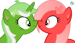 Size: 2911x1672 | Tagged: safe, artist:arifproject, derpibooru import, oc, oc:downvote, oc:upvote, ponified, unofficial characters only, earth pony, pony, unicorn, derpibooru, boop, cute, derpibooru ponified, duo, hairclip, looking at each other, meta, nose wrinkle, noseboop, simple background, smiling, transparent background, vector