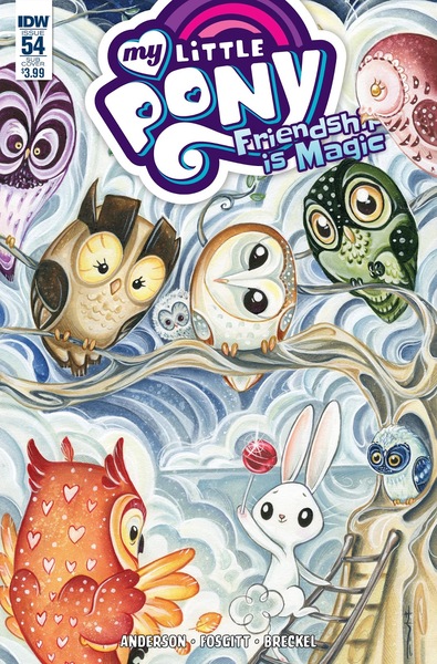 Size: 1054x1600 | Tagged: angel bunny, animal, artist:sararichard, barn owl, candy, cover, derpibooru import, food, idw, lollipop, owl, owlowiscious, rabbit, safe, spoiler:comic, spoiler:comic54, tootsie pop