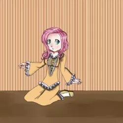 Size: 682x682 | Tagged: safe, artist:glenray35, derpibooru import, fluttershy, human, clothes, female, humanized, kneeling, slippers, solo