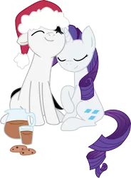 Size: 2616x3549 | Tagged: safe, artist:barrfind, derpibooru import, rarity, oc, oc:barrfind, canon x oc, chocolate, chocolate milk, cookie, cuddling, eyes closed, female, food, hat, love, male, milk, rarifind, santa hat, shipping, simple background, smiling, snuggling, straight, transparent background, vector