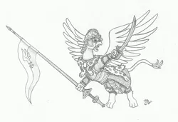 Size: 1200x822 | Tagged: safe, artist:sensko, derpibooru import, oc, unofficial characters only, gryphon, armor, black and white, flying, grayscale, hussar, monochrome, pencil drawing, saber, simple background, sketch, solo, sword, traditional art, weapon, white background