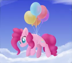 Size: 787x691 | Tagged: safe, artist:dusthiel, derpibooru import, pinkie pie, earth pony, pony, balloon, cloud, colored pupils, floating, looking down, sky, solo, then watch her balloons lift her up to the sky