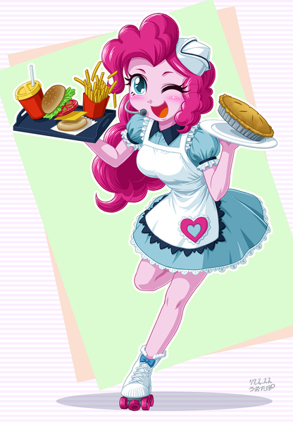Size: 832x1200 | Tagged: safe, artist:uotapo, derpibooru import, pinkie pie, coinky-dink world, eqg summertime shorts, equestria girls, equestria girls series, pinkie pie: snack psychic, abstract background, apron, blushing, burger, carhop, clothes, cute, diapinkes, doll, dress, drink, equestria girls minis, female, food, french fries, hat, headset, one eye closed, pie, roller skates, server pinkie pie, skirt, solo, toy, waitress, wink