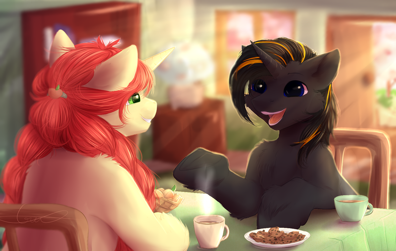 Size: 1024x649 | Tagged: safe, artist:peachmayflower, derpibooru import, oc, oc:peach, unofficial characters only, pony, unicorn, apple, coffee, cookie, female, food, mare, table