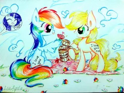 Size: 1024x768 | Tagged: safe, artist:liaaqila, derpibooru import, applejack, rainbow dash, rarity, apple, appledash, cider, female, food, lesbian, picnic, shipper on deck, shipperity, shipping, tongue out, traditional art, zap apple