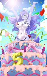 Size: 1200x1920 | Tagged: alicorn, alicorn oc, anthro, anthro oc, armpits, arms in the air, artist:skyraptor, australia, beach, belly button, big breasts, birthday cake, breasts, cake, celebration, clothes, derpibooru import, female, flag bikini, food, gloves, oc, oc:mariah wolves, pop out cake, smiling, solo, suggestive, swimsuit, unofficial characters only