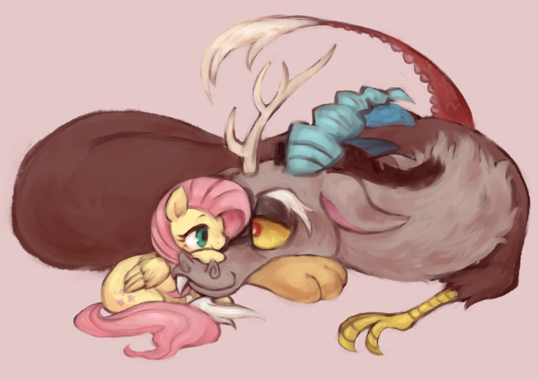 Size: 780x551 | Tagged: safe, artist:kei05, derpibooru import, discord, fluttershy, draconequus, pegasus, pony, eye contact, female, looking at each other, male, pink background, simple background