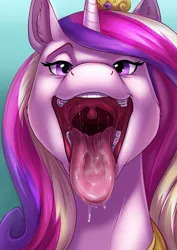 Size: 707x1000 | Tagged: suggestive, artist:ifus, derpibooru import, princess cadance, drool, human teeth, imminent blowjob, imminent vore, mawshot, open mouth, solo, throat, tongue out, uvula