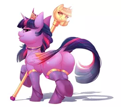 Size: 2500x2200 | Tagged: suggestive, artist:evehly, derpibooru import, twilight sparkle, twilight sparkle (alicorn), alicorn, pony, bedroom eyes, colored wings, colored wingtips, crown, dock, female, jewelry, looking at you, looking back, multicolored wings, new crown, plot, regalia, scepter, smiling, smug, solo, solo female, the ass was fat, thighlight sparkle, thunder thighs, twibutt, twilight scepter, wings