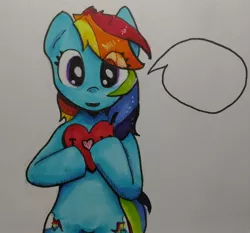 Size: 2408x2246 | Tagged: safe, artist:mr.candy_owo, derpibooru import, rainbow dash, pegasus, pony, female, heart, mare, marker drawing, simple background, solo, speech bubble, traditional art, white background