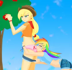 Size: 1713x1661 | Tagged: suggestive, artist:atomikmamiko, derpibooru import, applejack, rainbow dash, human, annoyed, apple print underwear, appledash, ass, assisted exposure, bend over, bent over, blue underwear, blushing, butt, butt kiss, butthug, clothes, comedy, cowboy hat, cowgirl, cutie mark underwear, dakking, denim shorts, embarrassed, faceful of ass, female, frilly underwear, funny, funny porn, green eyes, hat, hug, humanized, lesbian, midriff, panties, pantsing, peeved, pink underwear, shipping, shorts, shorts pulled down, sniffing, tanktop, unamused, underwear, undressing