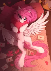 Size: 1555x2155 | Tagged: suggestive, artist:yakovlev-vad, derpibooru import, princess celestia, alicorn, pony, bed, bedroom, best princess, ear fluff, feather, featureless crotch, female, fluffy, heart, heart pillow, horn, looking at you, on back, pillow, pink-mane celestia, praise the sun, purple eyes, royalty, smiling, solo, solo female, spread wings, wing fluff, wings