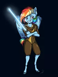 Size: 1200x1600 | Tagged: anthro, artist:shimazun, black background, clothes, derpibooru import, disney, jedi, lightsaber, lucasfilm, rainbow dash, safe, scar, signature, simple background, solo, star wars, unguligrade anthro, weapon